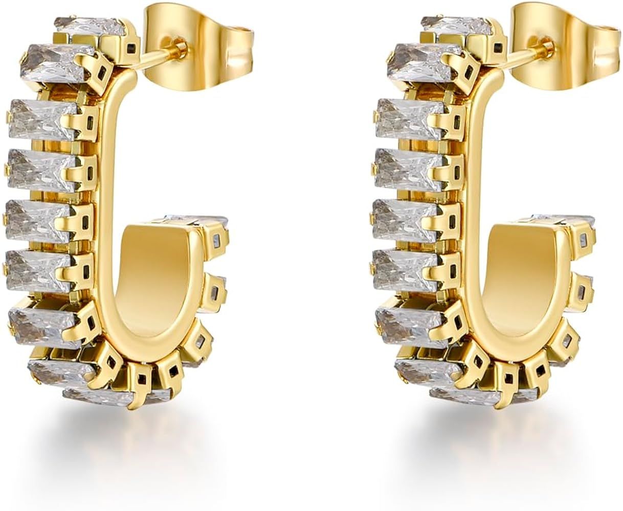 FRUMOS Gold Earrings for Women Girls,14K Gold Plated Hoop Earrings with 925 Sterling Silver Post Cubic Zirconia Huggie Earrings| CZ Stud Earring | Amazon (US)
