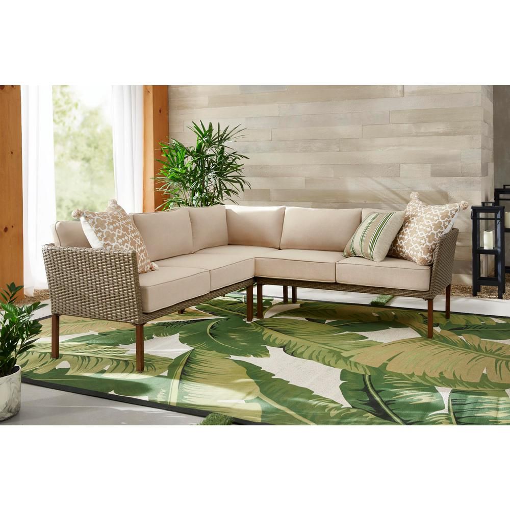 Hampton Bay Oakshire 3-Piece Steel Outdoor Patio Sectional Sofa with Tan Cushions | The Home Depot
