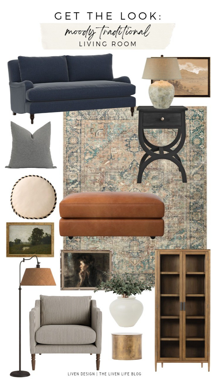 Moody traditional living room. Home decor. Velvet sofa. Black side table. Throw pillows. Vintage overdyed rug. Vintage art. Earthy lamp. Leather ottoman cocktail coffee table 

#LTKSeasonal #LTKHome #LTKSaleAlert