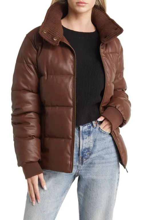 Sam Edelman Faux Leather Puffer Jacket with Ribbed Collar in Brown at Nordstrom, Size Large | Nordstrom