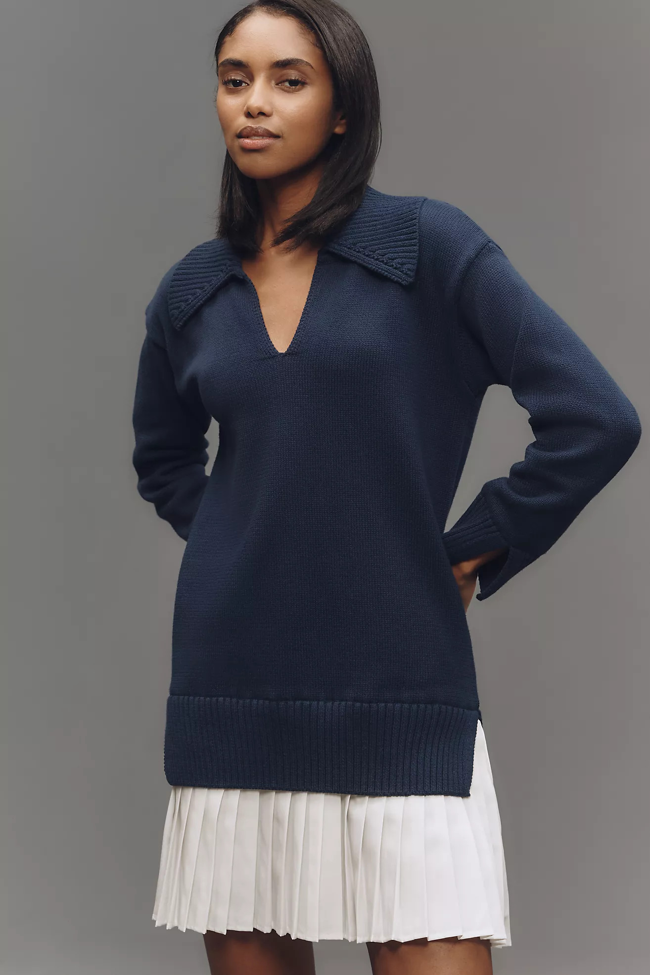 English Factory Long-Sleeve Polo Pleated Twofer Mini Dress | Anthropologie (US)