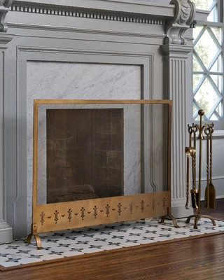 Antiqued Brass Tulip Carved Fireplace Screen | Magnolia