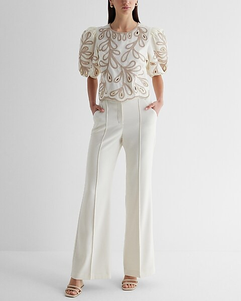 Eyelet Crew Neck Puff Sleeve Top | Express