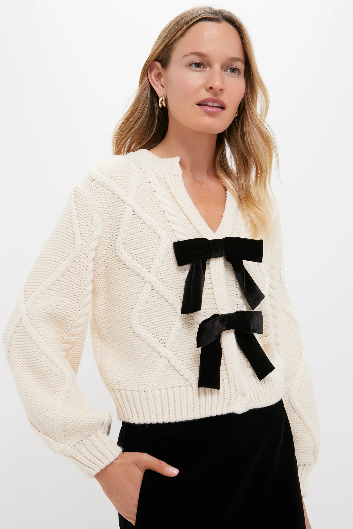 Cream & Black Velvet Bows Bess Cardigan | Tuckernuck (US)