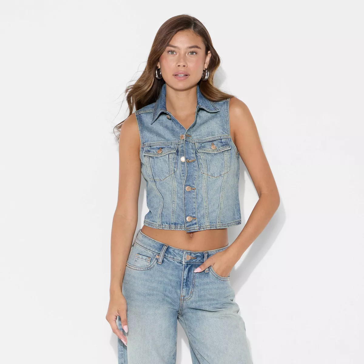 Women's Sleeveless Cropped Denim Trucker Vest - Wild Fable™ | Target