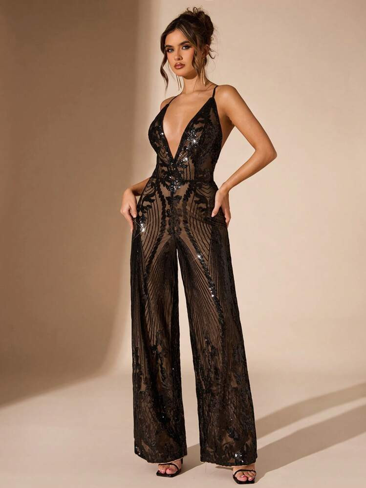 SHEIN BAE Women's Deep V-Neck Party Sequin Wide Leg Jumpsuit | SHEIN