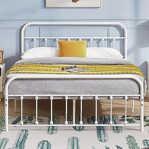 Allewie Full Size Metal Platform Bed Frame with Victorian Style Wrought Iron-Art Headboard/Footboard, No Box Spring Required，White | Amazon (US)