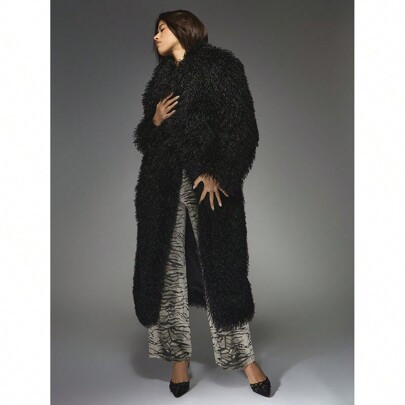 Fluffy Long Collar Longline Overcoat Winter Wear | SHEIN