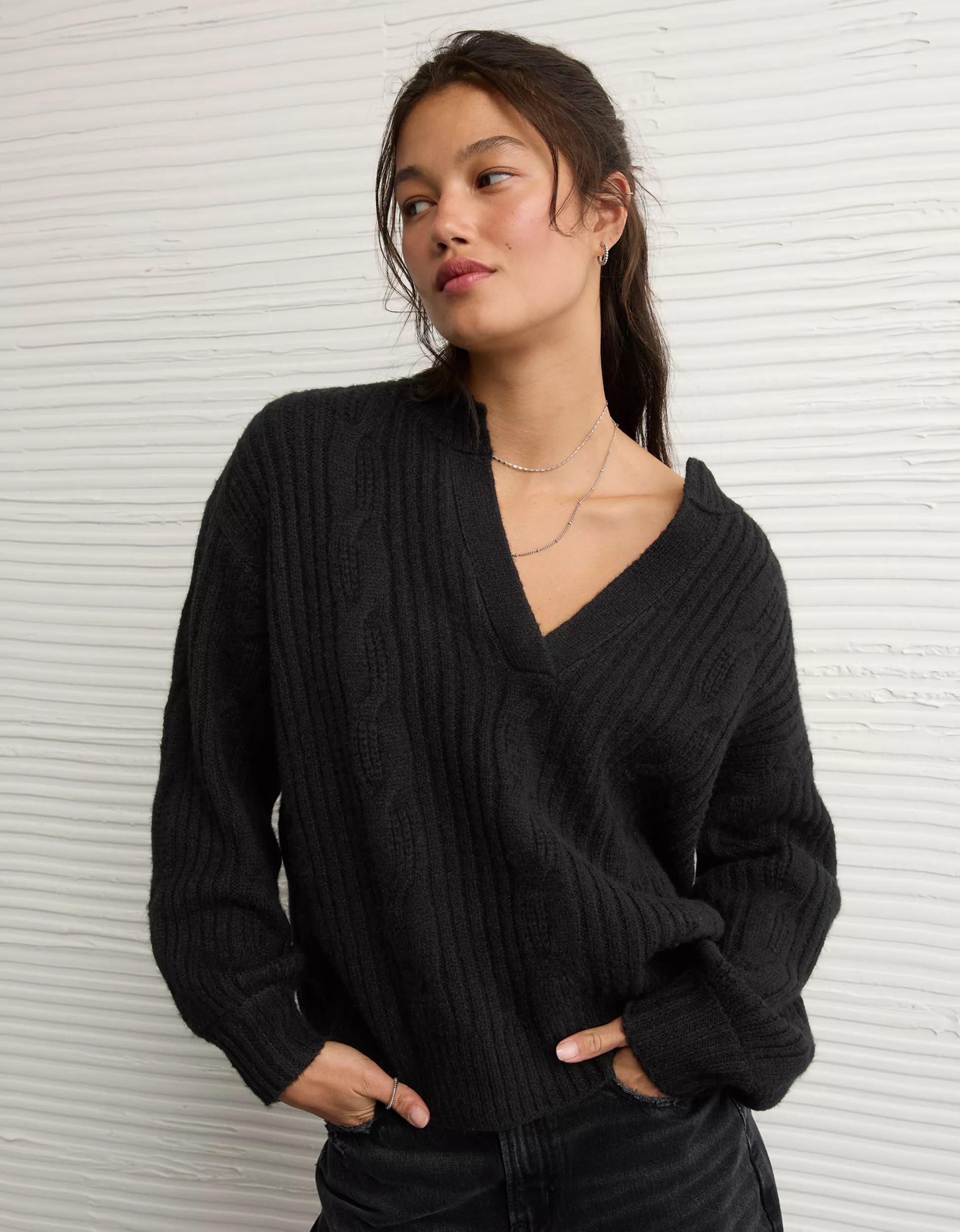 AE Whoa So Soft Notch Neck Cable Sweater | American Eagle Outfitters (US & CA)