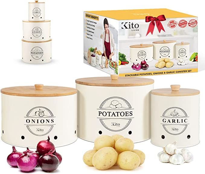 Amazon.com: Kito Living Canister Sets For Kitchen Counter, 3 Piece Garlic Potato Onion Keeper Kit... | Amazon (US)