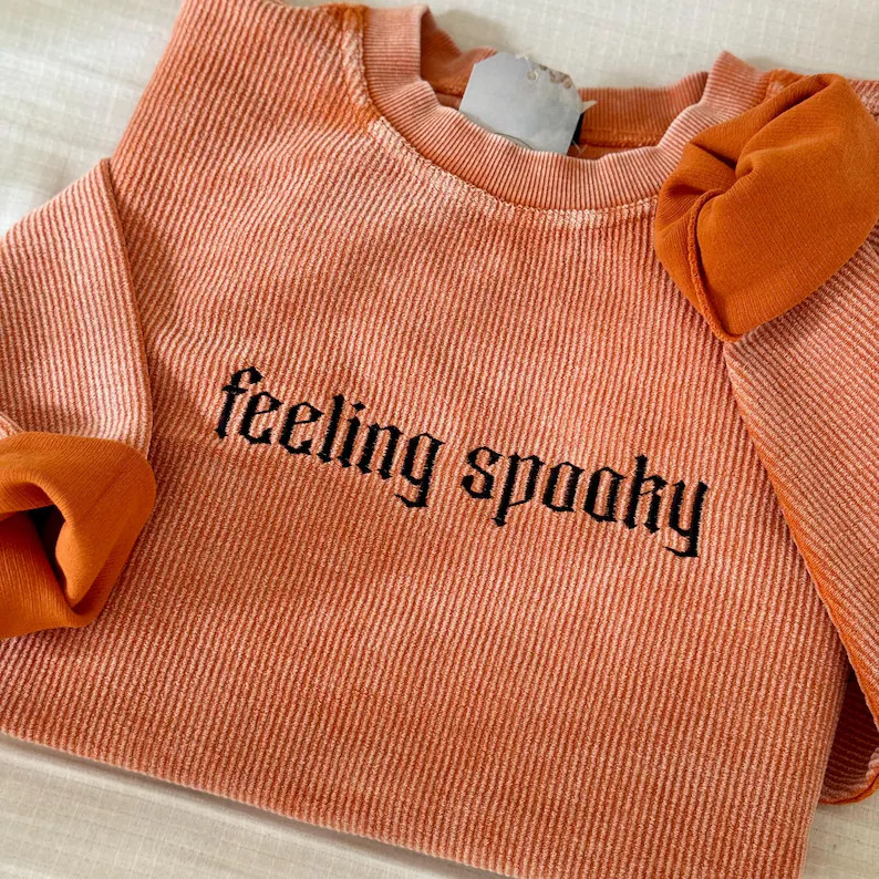 Embroidered Halloween Corded Sweatshirt, Varsity Crewneck, Feeling Spooky Waffle Knit Crewneck | Etsy (Global)