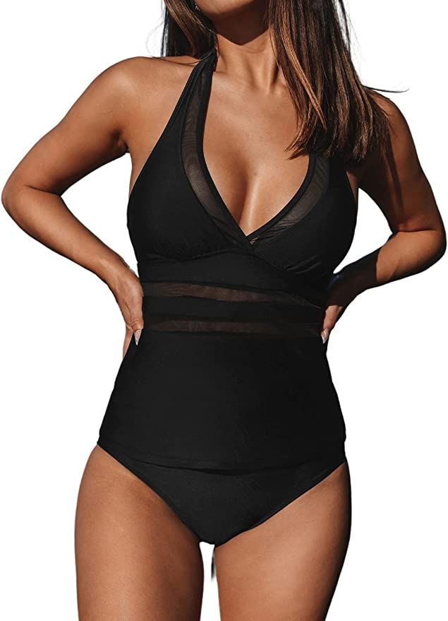 CUPSHE Tankini Set for Women Swimsuits Halter Mid Waist Mesh Tummy Control Deep V Neck | Amazon (US)