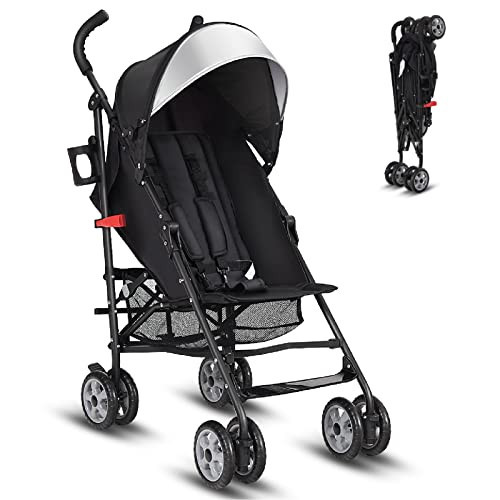 HONEY JOY Baby Lightweight Stroller, Compact Travel Stroller for Airplane, Adjustable Backrest & Canopy, 5-Point Harness, Cup Holder, Storage Basket, Foldable Umbrella Stroller for Toddlers (Black) | Amazon (US)
