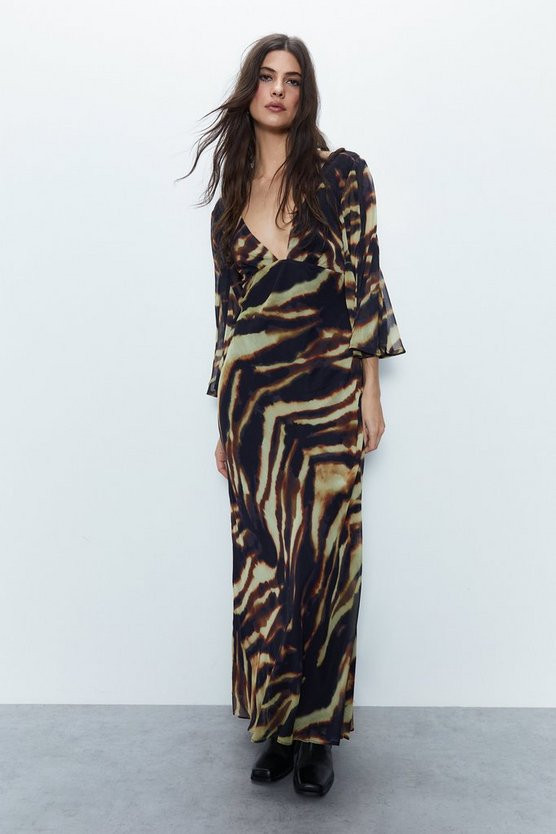 Animal Print Fluted Sleeve Plunge Maxi Dress | Warehouse UK & IE