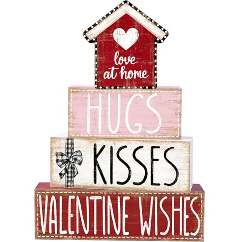 DIYDEC 4Pcs Valentine's Day Table Decoration Valentine House Wooden Block Signs Rustic Valentine Tiered Tray Decor Valentines Day Centerpiece Sign for Farmhouse Holiday Tabletop Home Party Decor | Amazon (US)