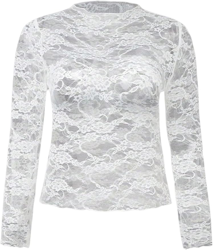 WDIRARA Women's Plus Size Floral Print Sheer Mesh Top Lettuce Trim Mock Neck Long Sleeve Shirts | Amazon (US)