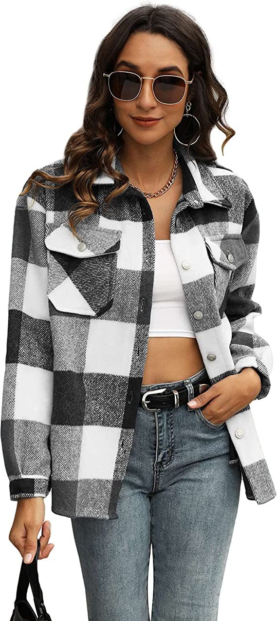 Amazon.com: Uaneo Womens Plaid Shacket Button Down Wool Blend Fall Flannel Shirt Jacket : Clothin... | Amazon (US)