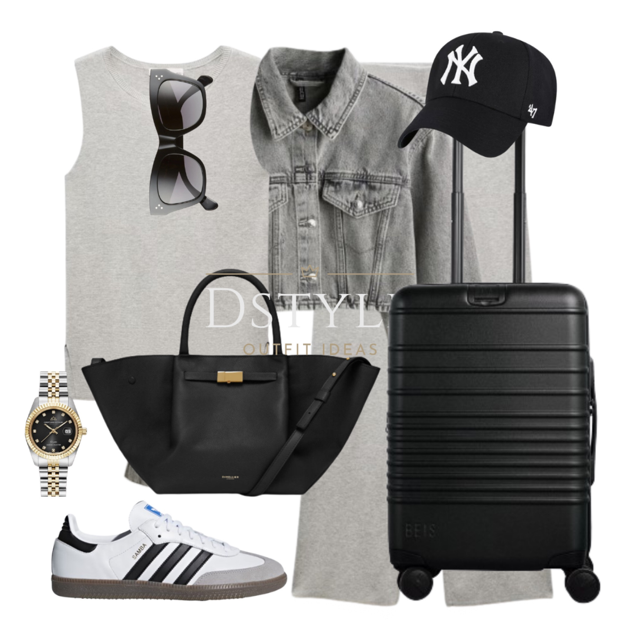 Cotton and linen mix co-ord set (sleeveless top and matching trousers), denim jacket, Adidas Samba, DeMellier London bag, BÉIS carry-on roller, travel in style, travel look, travel ootd

#LTKActive #LTKshoecrush #LTKtravel
