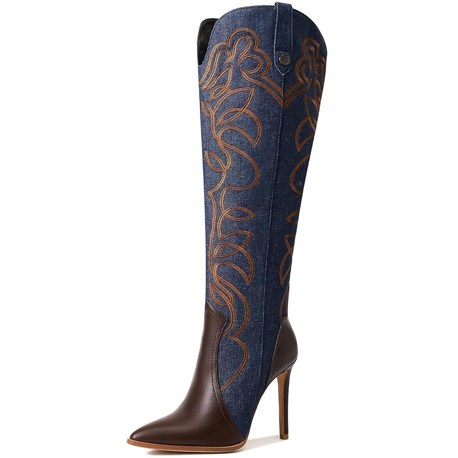 Women's Cowboy Boots Wide Calf Stiletto Knee High Fashion Pointed Toe Side Zipper High Heel Boots | Amazon (US)