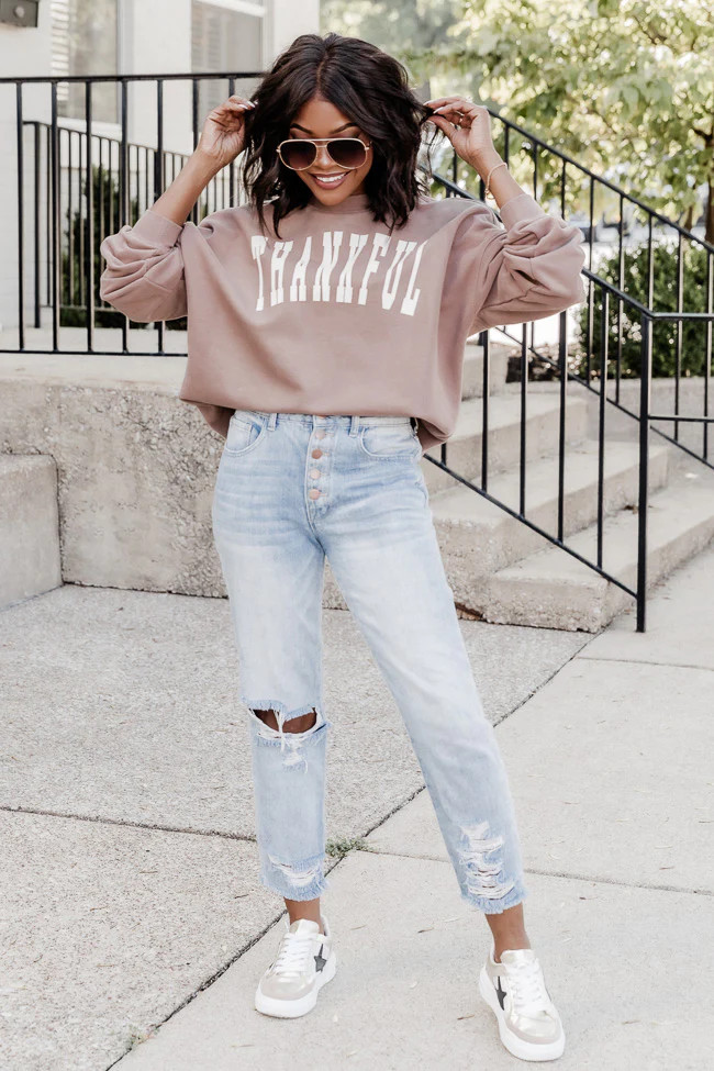 Thankful Blocked Mocha Oversized Graphic Sweatshirt | Pink Lily