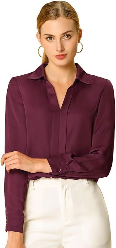 Allegra K Women's Satin Blouse Elegant V Neck Long Sleeve Silky Office Work Shirt | Amazon (US)