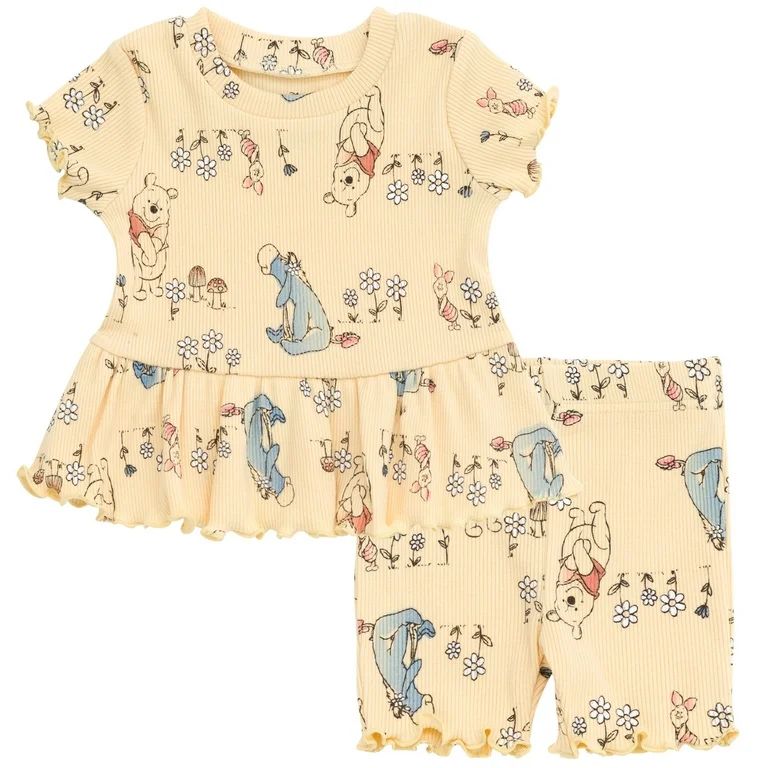 Disney Winnie the Pooh Eeyore Piglet Peplum T-Shirt and Bike Shorts Outfit Set Newborn to Toddler | Walmart (US)