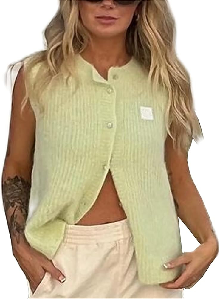 Women Sweater Vest Top Y2k Sleeveless Cardigans Front Button Down Crew Neck Open Front Knit Ribbe... | Amazon (US)