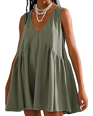 OPCAKM Women's V Neck Sleeveless Mini Dress Loose Summer Pleated Swing Flowy Sundress | Amazon (US)