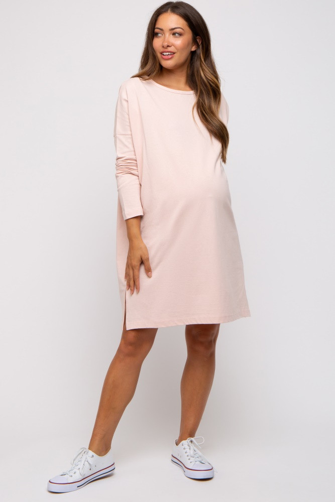 Light Pink Long Sleeve Maternity Shirt Dress | PinkBlush Maternity