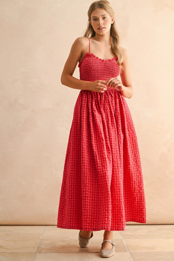Red Gingham Smocked Ruffle Accent Maxi Dress | PinkBlush Maternity