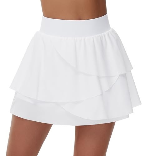 THE GYM PEOPLE Women's Tiered Petal Tennis Skirts Ruffle Golf Skorts Built-in Shorts with Pockets White | Amazon (US)