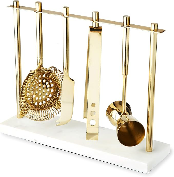 Twine Gold Barware Set, Hawthorne Strainer, Citrus Knife, Ice Tongs, Double Jigger, Marble Stand,... | Amazon (US)