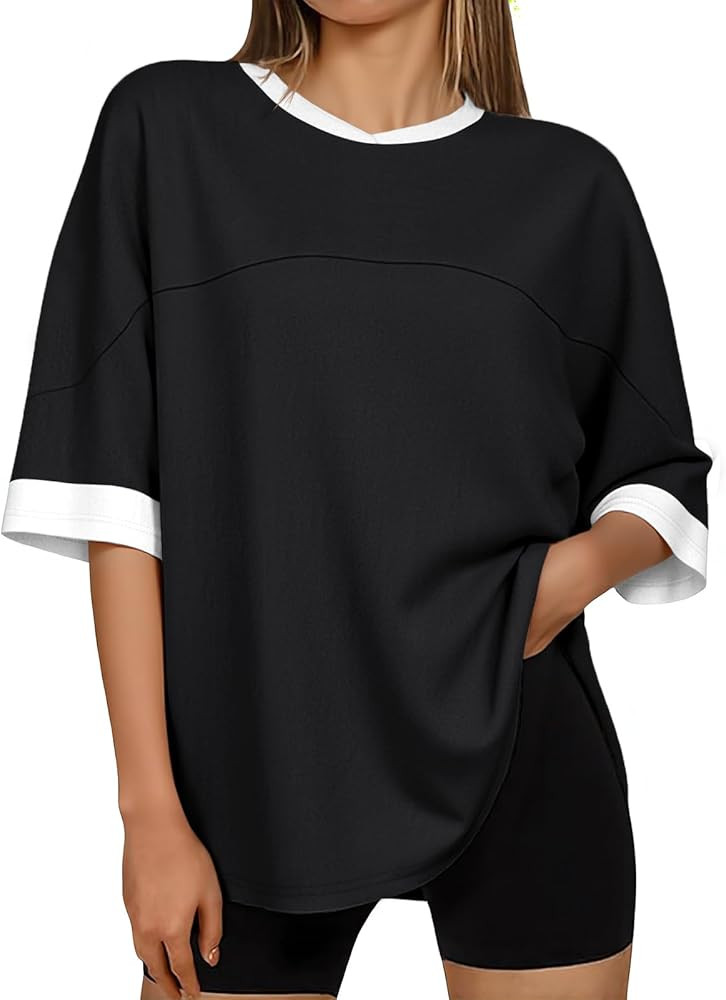 Tankaneo Womens Oversized T Shirts Casual Summer Short Sleeve Color Block Loose Fit Tunic Tops | Amazon (US)