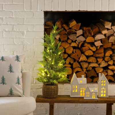 32" Pre-Lit Artificial Lightly Snowed Cypress Christmas Tree with 30 Warm White LED Lights in Decorative Weaved Basket | Nearly Natural
