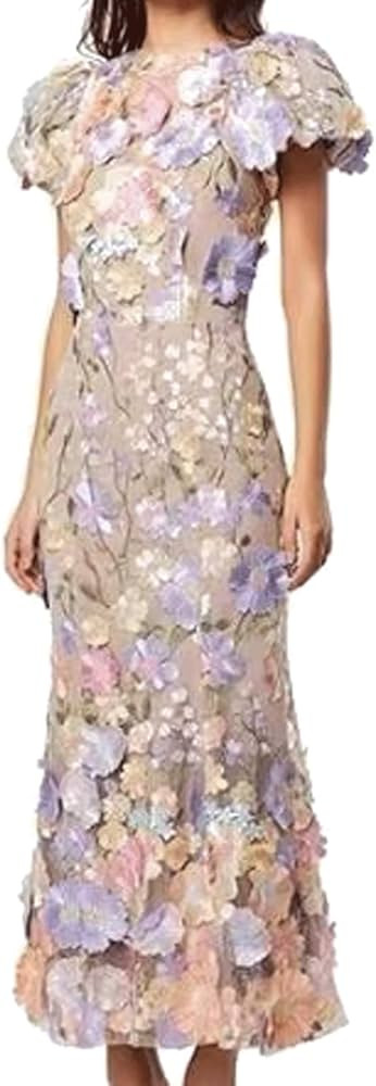 Round Neck Embroidered Three-Dimensional Flowers Puff Sleeves Mid-Length Dress Hip Skirt Casual E... | Amazon (US)