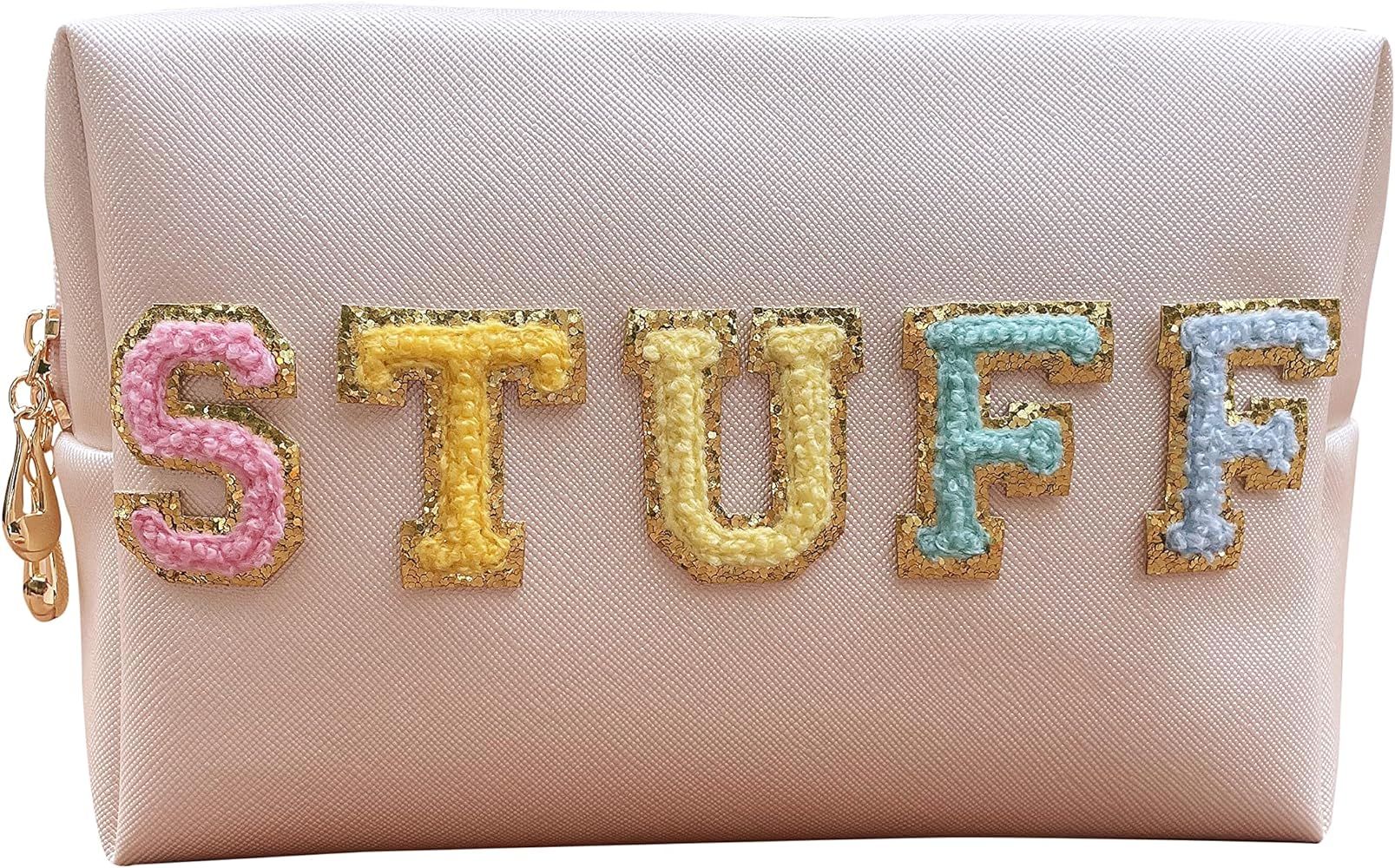 Preppy Stuff Chenille Letter Pouch Cute Patch Clear Makeup Bags PU Leather Waterproof Cosmetic Ma... | Amazon (US)