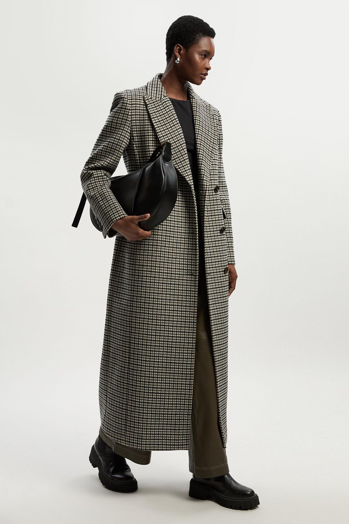 Wool Blend Houndstooth Tailored Fitted Maxi Coat | Karen Millen UK + IE + DE + NL