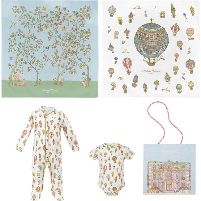 Onesie, Playsuit & Blanket Gift Set, Blue Carre In Bloom, Carre Hot Air Balloons | Maisonette