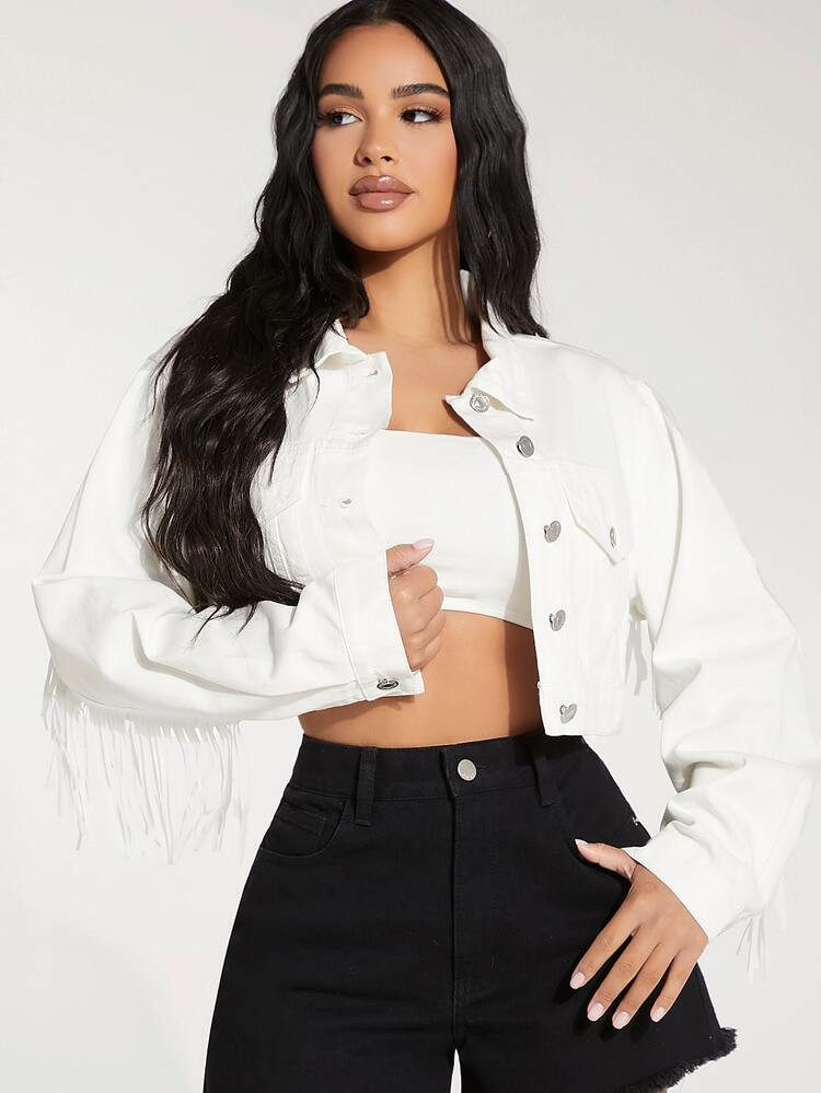 SHEIN PETITE Fringe Trim Drop Shoulder Denim Jacket | SHEIN