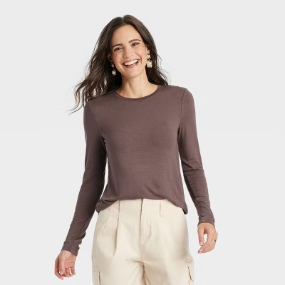 Women's Long Sleeve Brushed Knit T-Shirt - A New Day™ Brown S: Heavyweight Rayon Spandex Pullover | Target