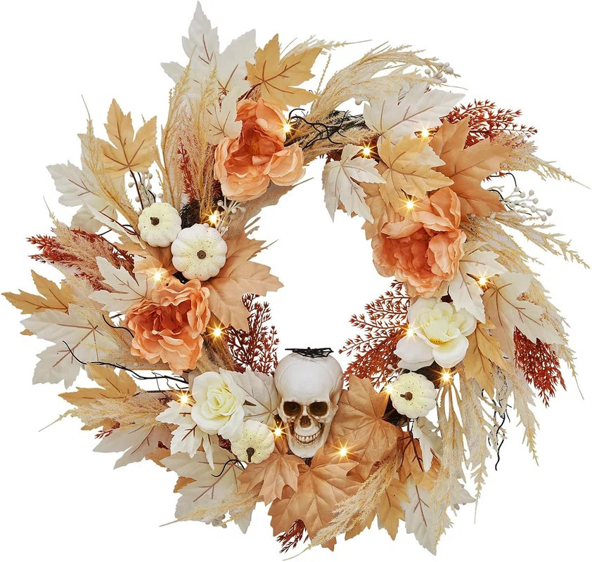 Ophelia & Co. 22" Halloween Skull Wreath with LED Lights, White Pumpkins & Maple Leaves for Indoo... | Wayfair North America