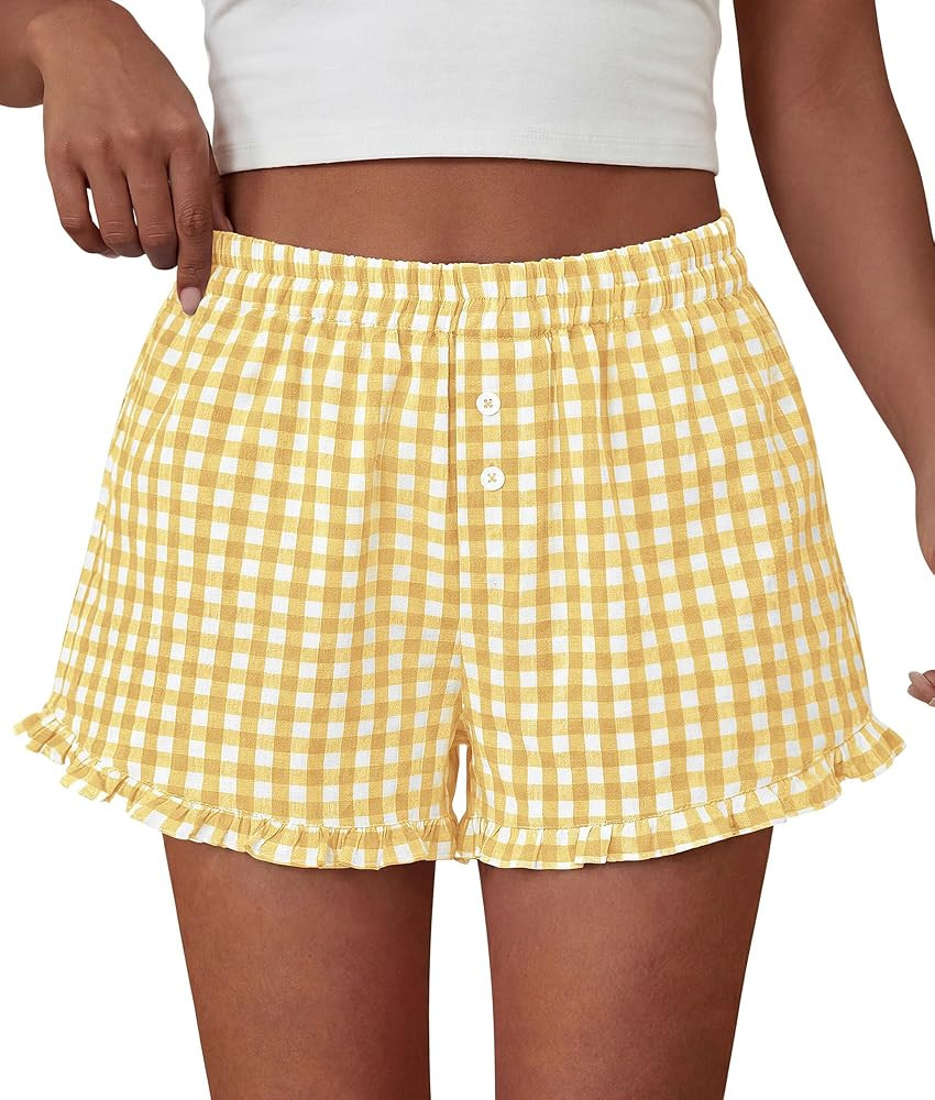 PRETTYGARDEN Womens Boxer Shorts Y2K Ruffle Pajama 2026 Summer Spring Lounge Sleep Striped Casual... | Amazon (US)