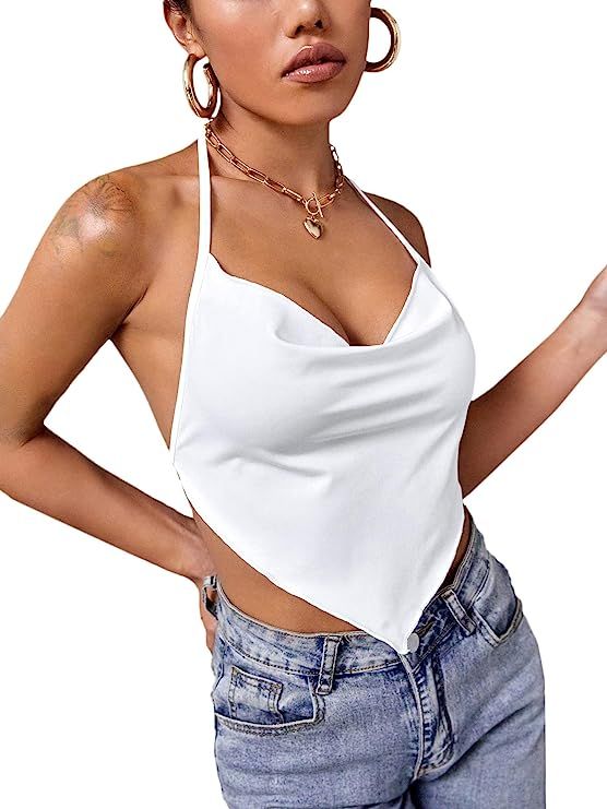 Romwe Women's Sleeveless Cowl Neck Backless Bandana Tie Knot Halter Crop Tops Camisole | Amazon (US)