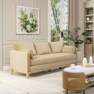 Leonard Modern 84 in. Straight Arms Performance Velvet Rectangle Farmhouse Sofa in Fawn Brown with Pillows | The Home Depot