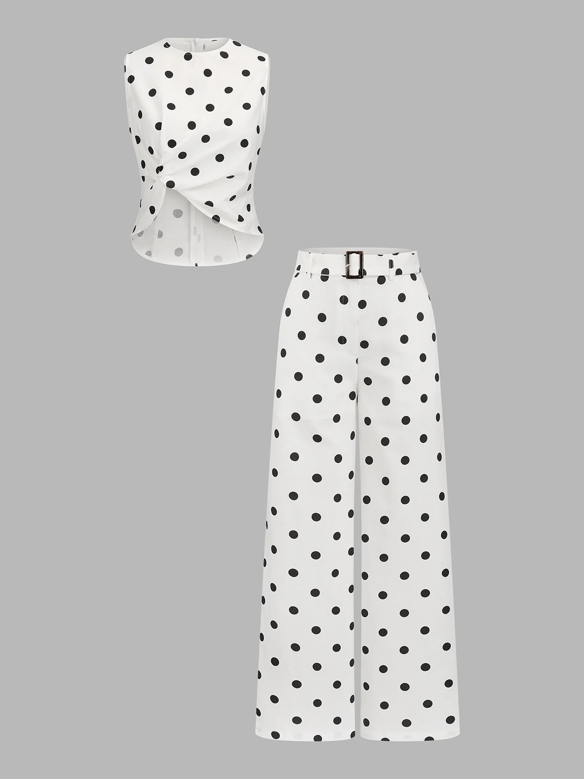 Polka Dot Twist Top & Belted Pants Set | Commense