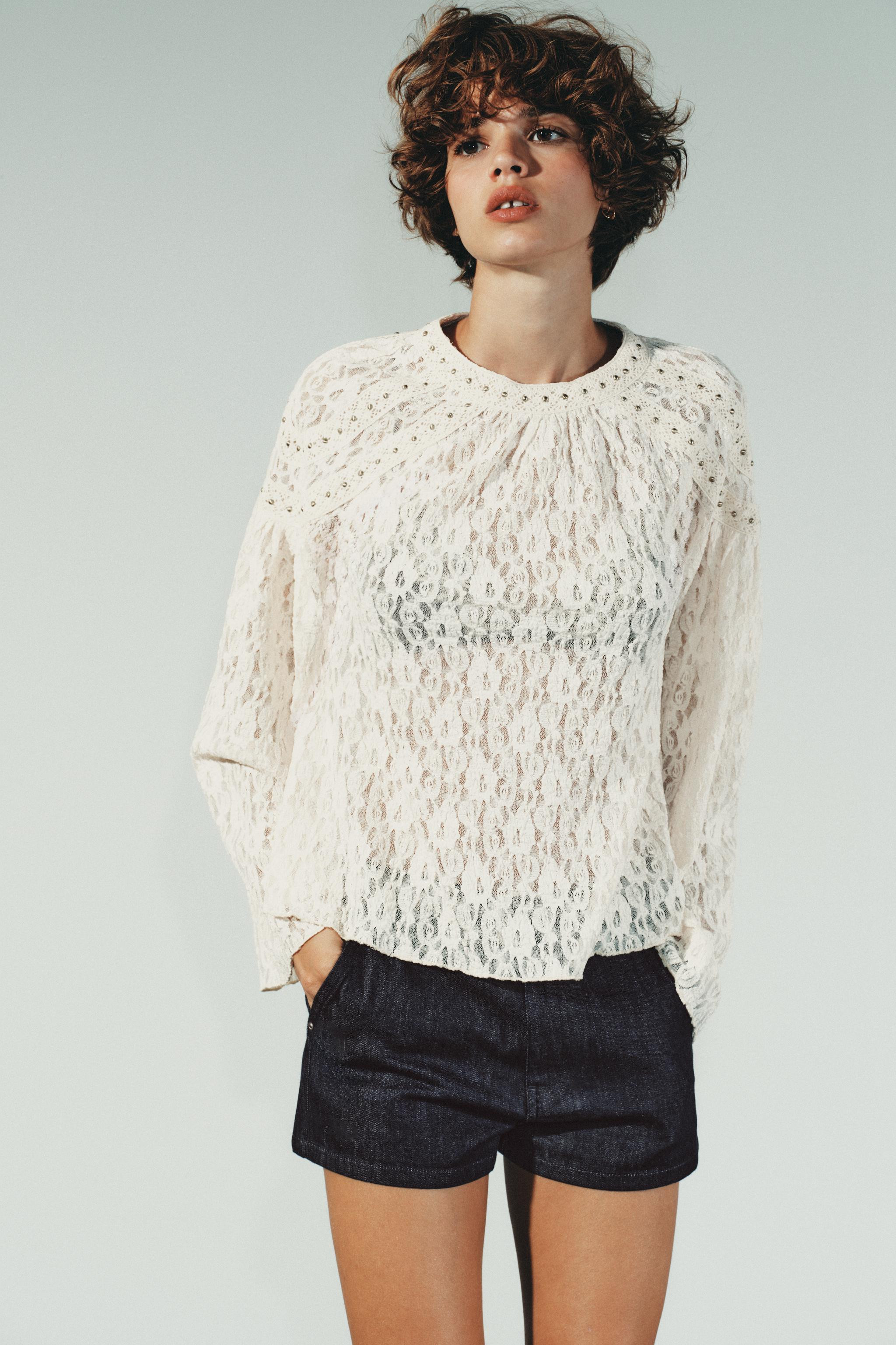 STUDDED LACE TOP | Zara US