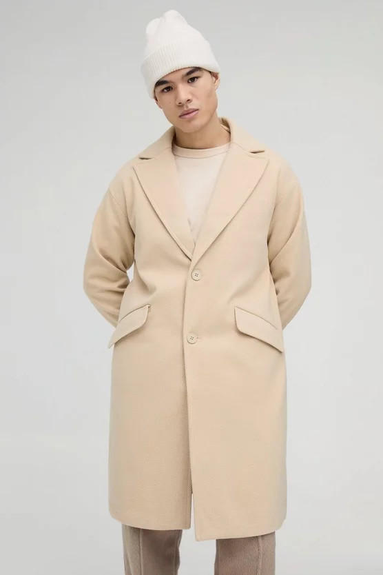Single Breasted Overcoat In Sand | boohooMAN (US & Canada)