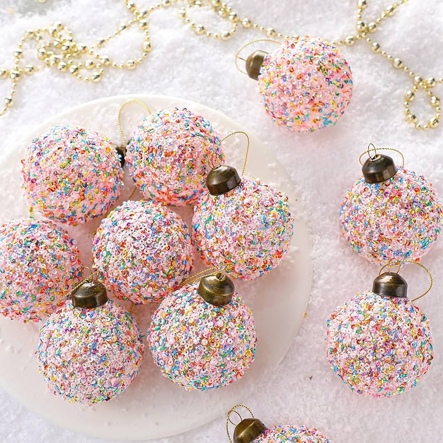 Civaner 12 Pcs Pastel Sprinkles Christmas Glass Balls Ornaments, 2.36 Inch Pink Glitter Sequin Ch... | Amazon (US)
