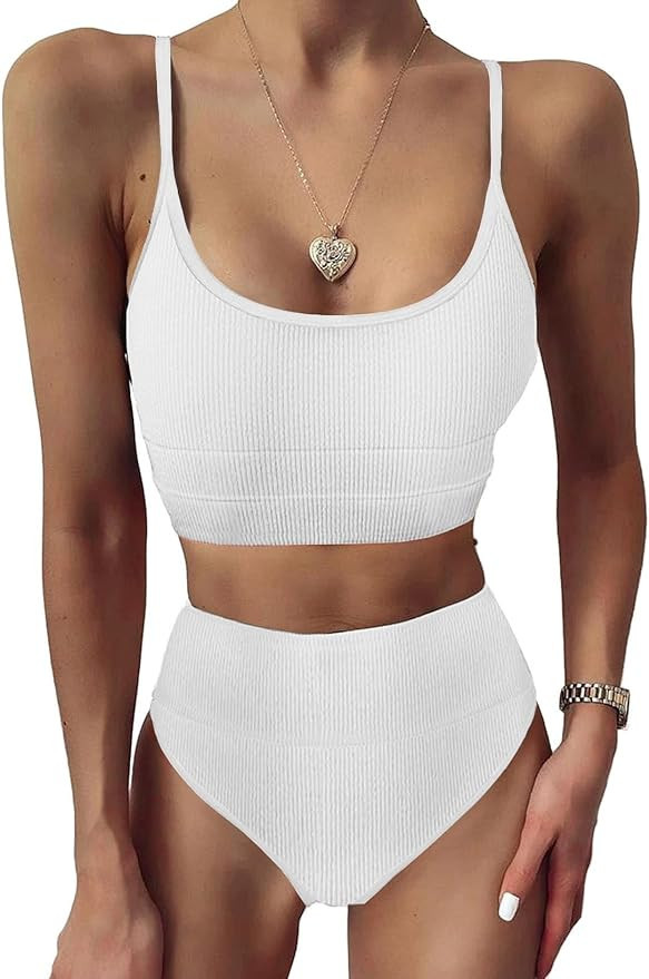 Herseas High Waisted 2 Piece Bikini Set for Women Tummy Control Color Block Striped Swimsuit Knit... | Amazon (US)