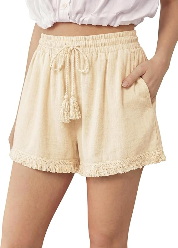 DIBAOLONG Womens Linen Shorts Elastic Waist Wide Leg Summer Beach Casual Boho Tassel Shorts with ... | Amazon (US)